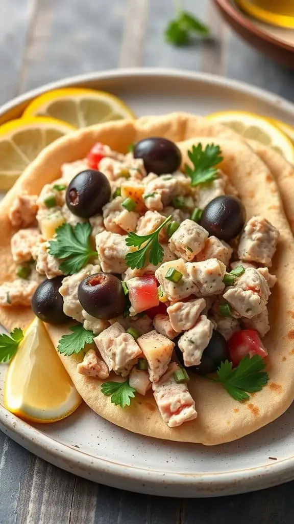 Mediterranean Tuna Salad Pita with olives, tomatoes, and parsley on a plate with lemon wedges.