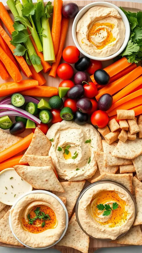 A vibrant Mediterranean veggie and hummus board featuring fresh vegetables, bowls of hummus, and pita chips.