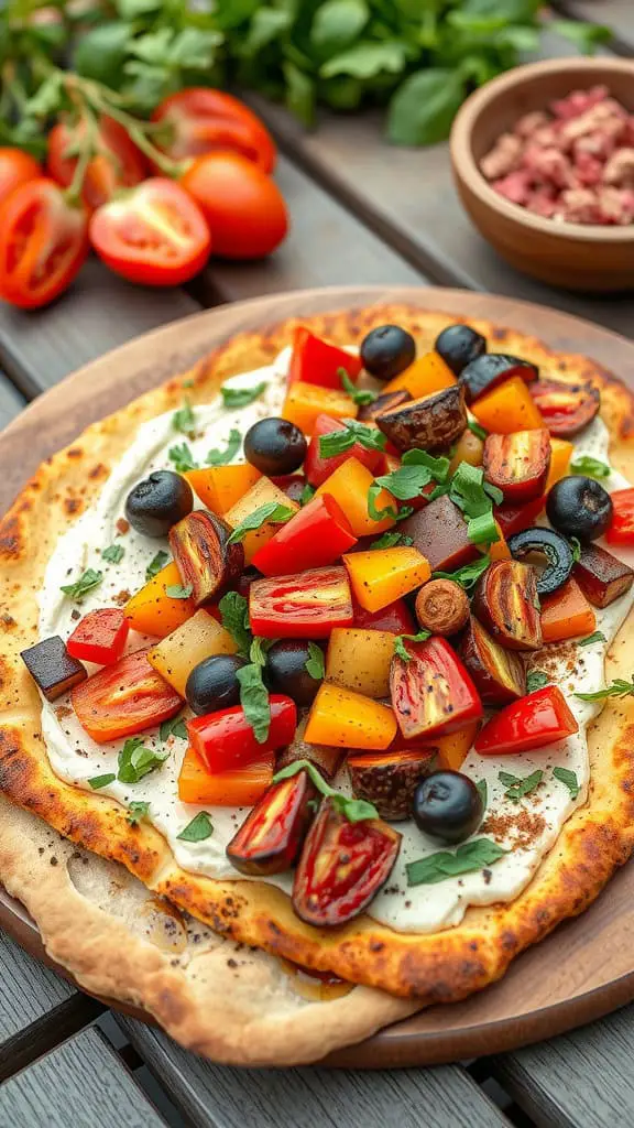 A colorful Mediterranean veggie and hummus flatbread topped with assorted vegetables.