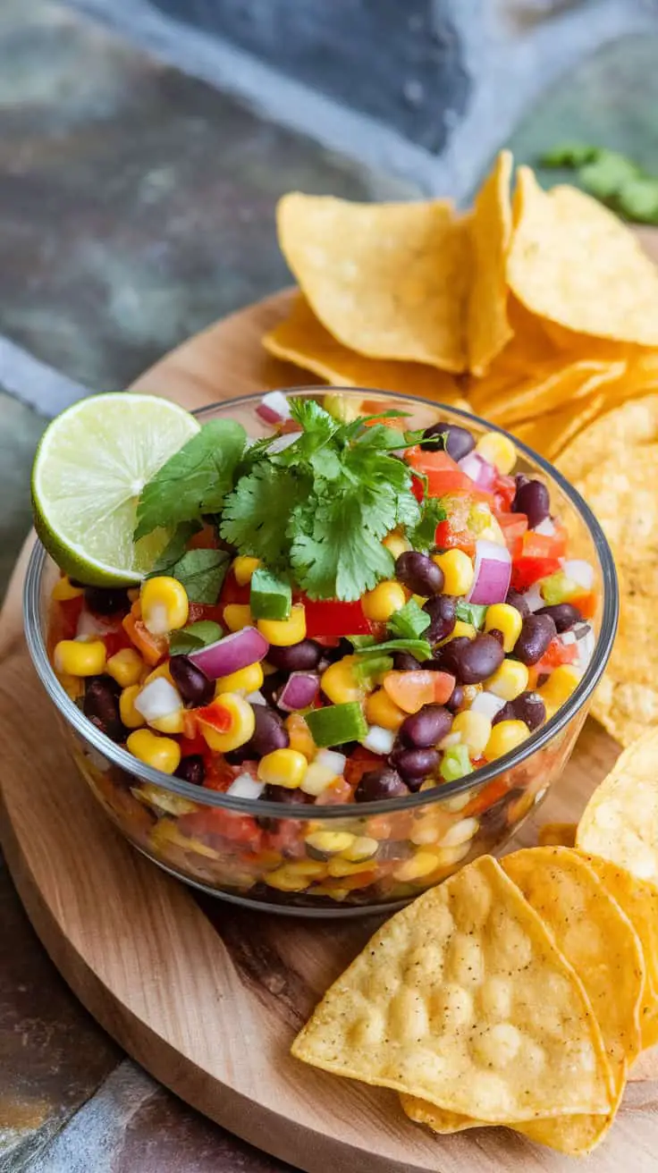 A bowl of Mexican black bean and corn salsa with chips and lime on the side