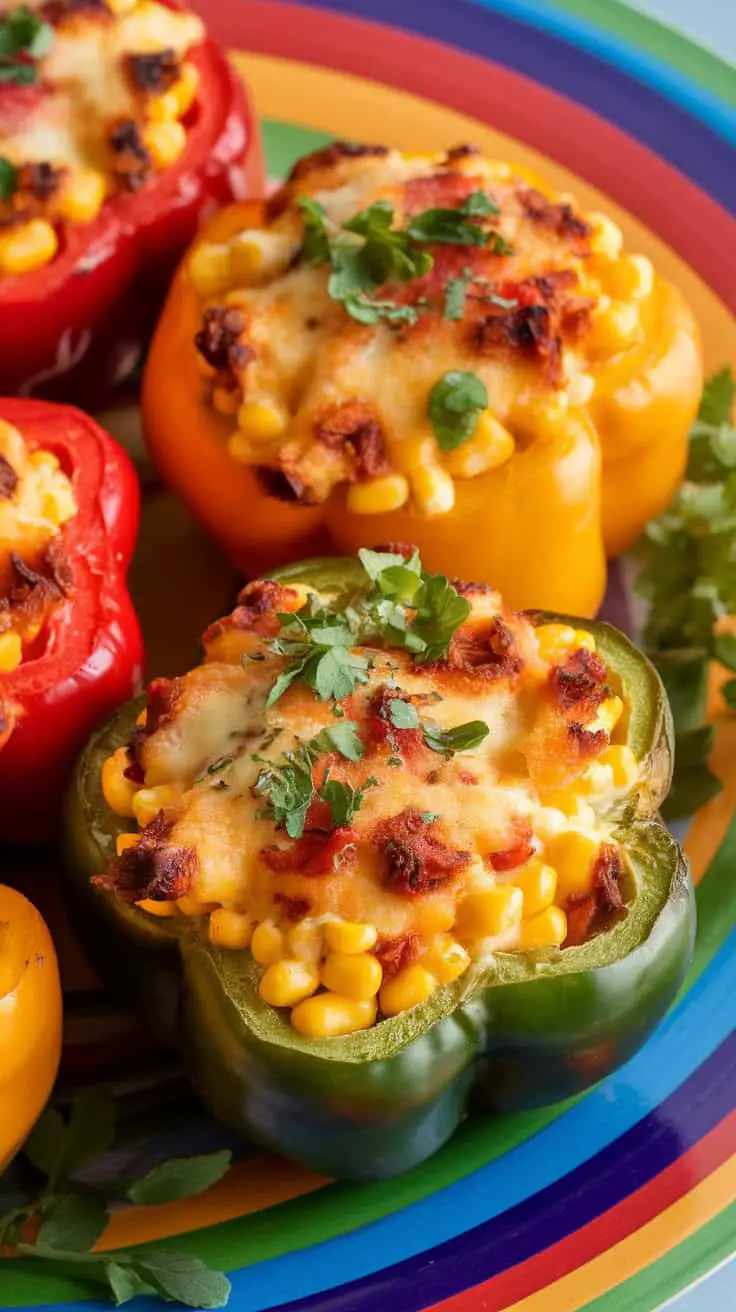 Colorful bell peppers filled with cheesy corn, baked until golden brown.