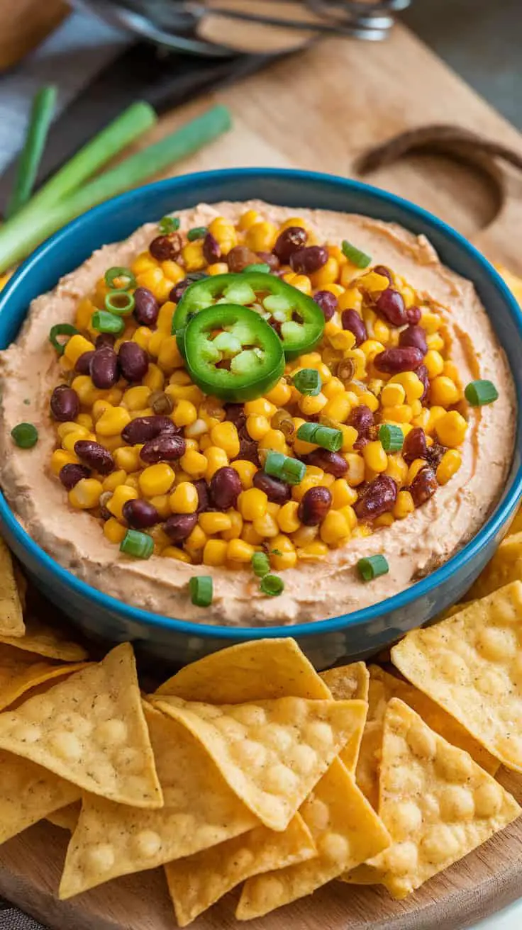 A vibrant Mexican corn dip with cream cheese topped with corn, beans, and jalapeños, served with tortilla chips.