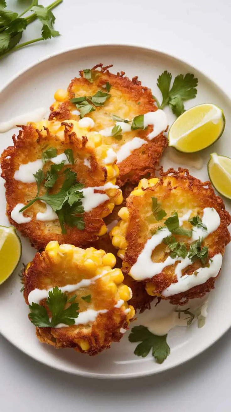 Plate of crispy Mexican corn fritters drizzled with crema and garnished with cilantro and lime wedges.