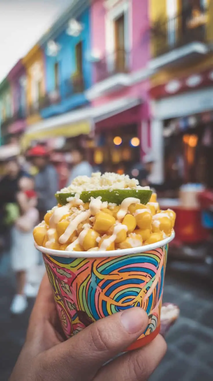 A colorful cup of Mexican corn in a cup, topped with mayo, lime, and cotija cheese, set against a vibrant street background.