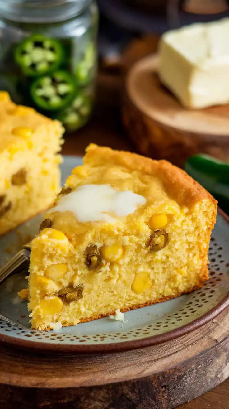 A slice of moist Mexican cornbread topped with butter, served on a rustic plate with jalapeños and butter in the background.