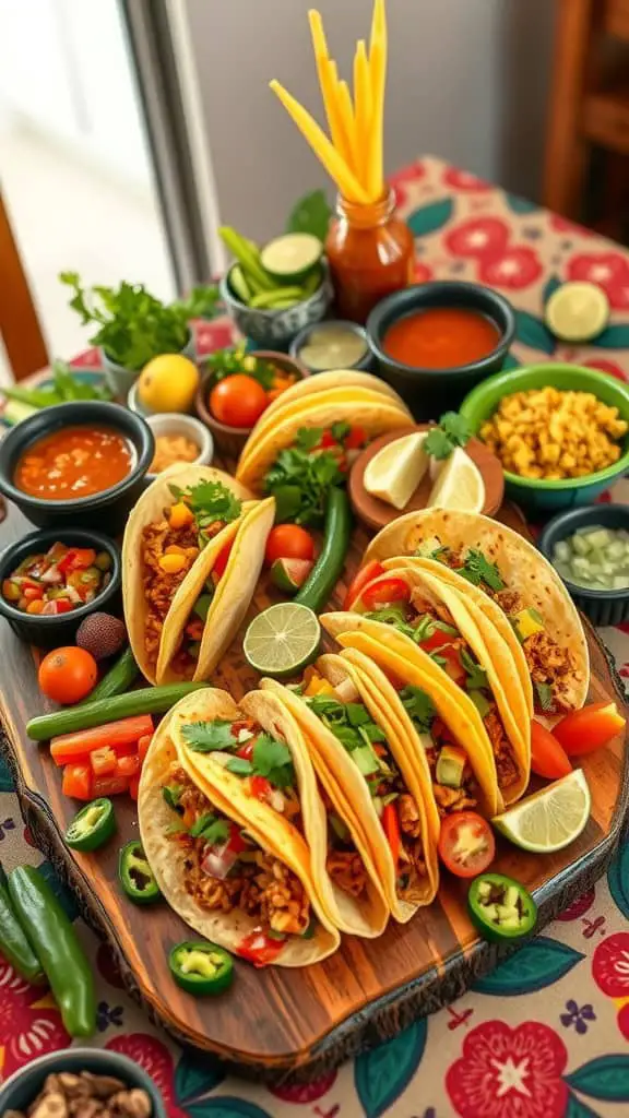 A vibrant display of tacos on a wooden board, surrounded by fresh ingredients, dips, and garnishes.