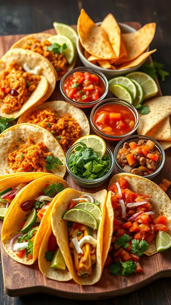 A vibrant taco board featuring assorted tacos, tortilla chips, and various salsas with fresh lime and cilantro.