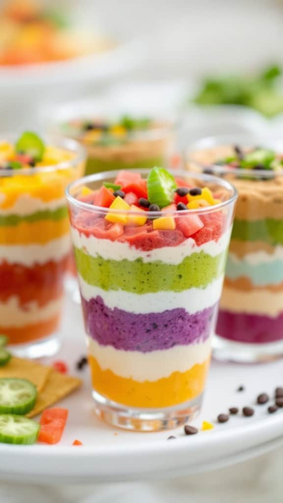 Colorful Mexican layer dip shooters served in clear cups, featuring layers of guacamole, beans, and other ingredients, alongside chips and fresh vegetables.