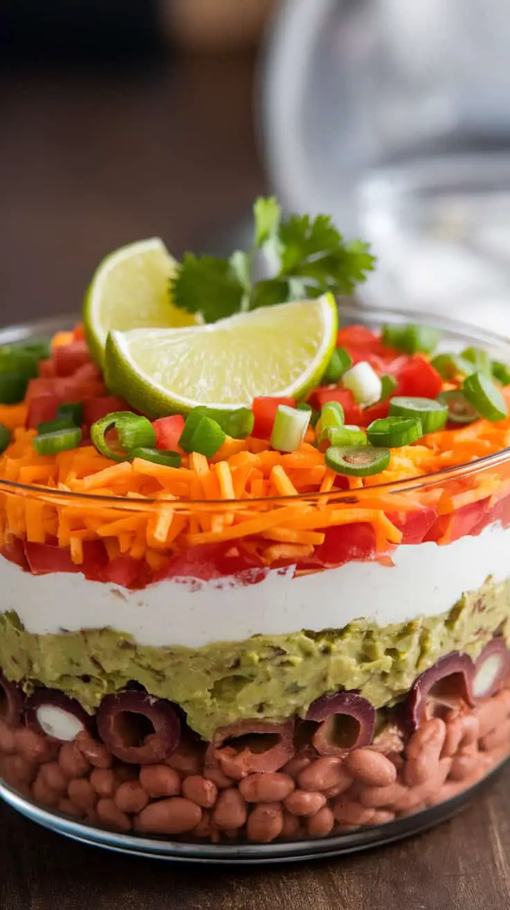 Colorful Mexican Seven-Layer Dip in a glass bowl with layers of beans, guacamole, sour cream, cheese, tomatoes, and green onions, garnished with lime.