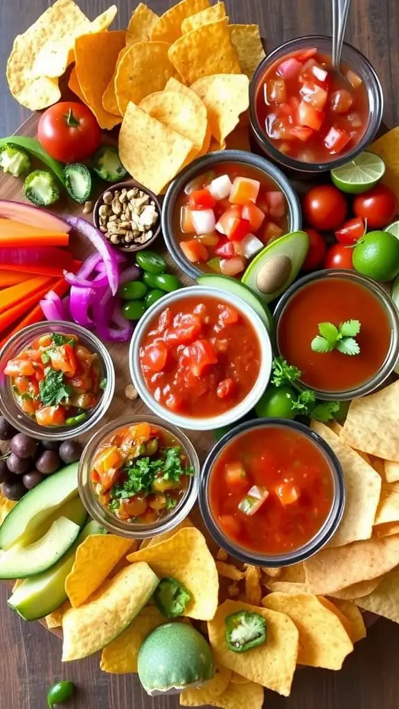 A colorful Mexican Snack & Salsa Board with tortilla chips, various salsas, and fresh vegetables.