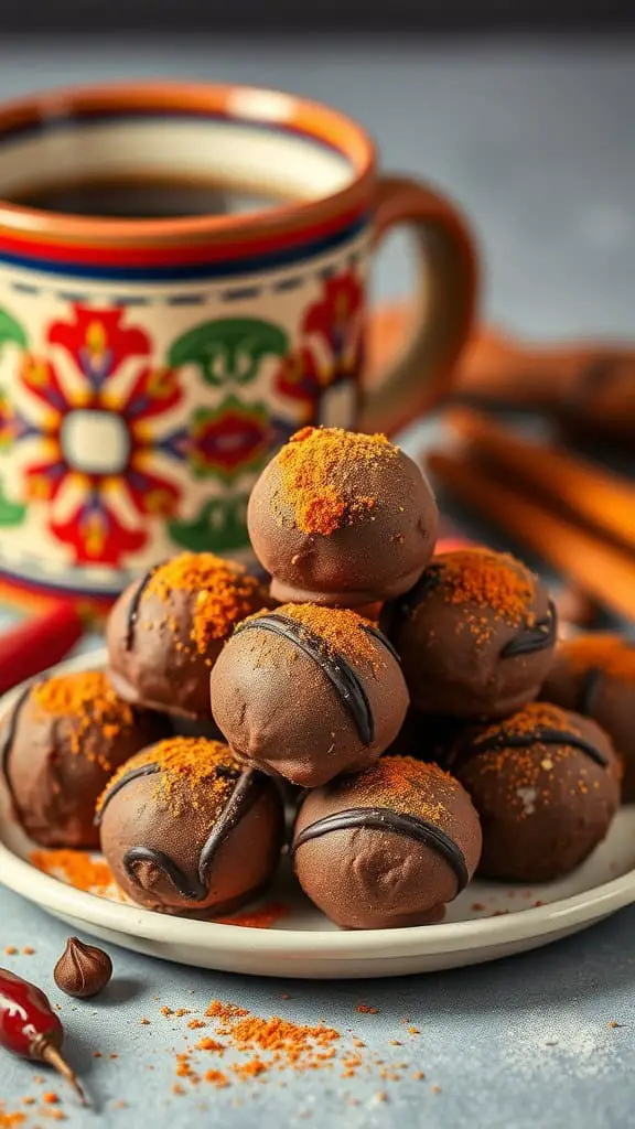 A plate of Mexican spiced coffee truffles with a colorful mug of coffee in the background.