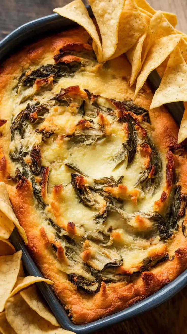 A delicious Mexican spinach artichoke dip with tortilla chips