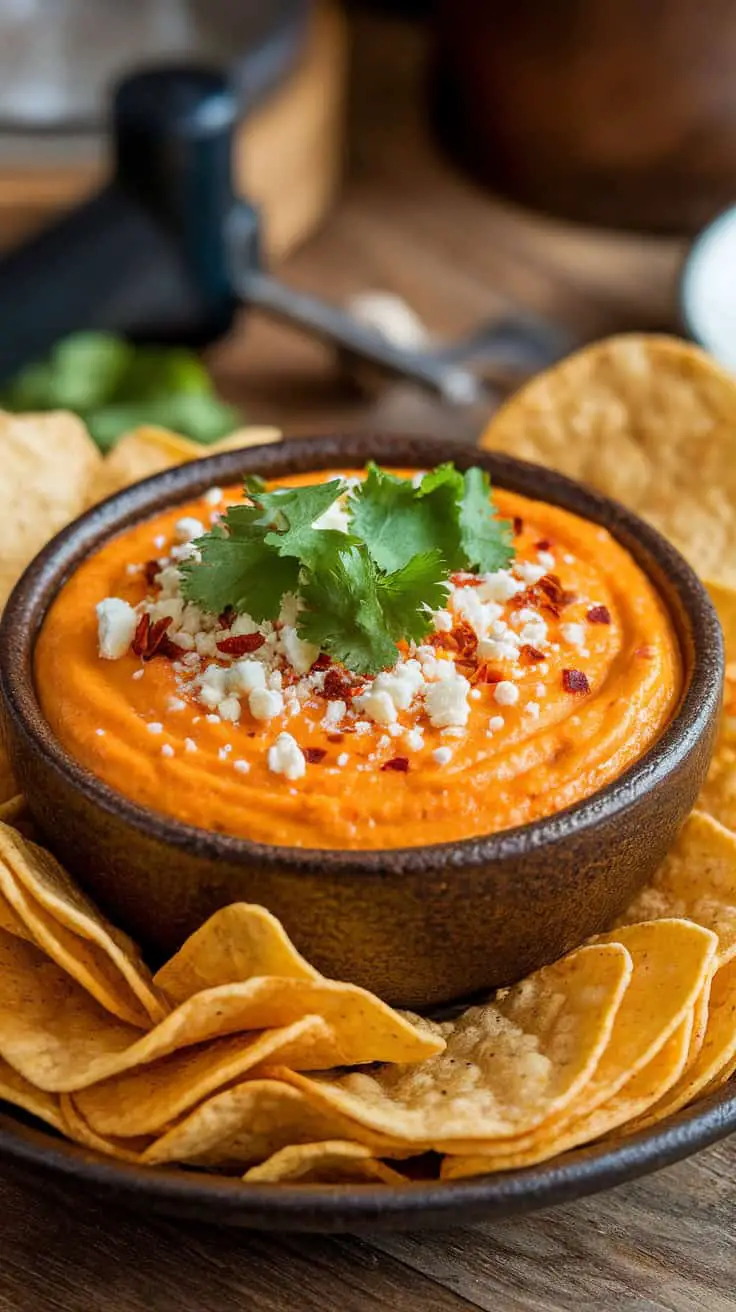 A bowl of Mexican street corn dip surrounded by tortilla chips, garnished with cilantro and cheese.