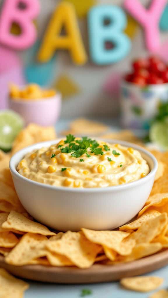 A creamy Mexican street corn dip in a white bowl, surrounded by tortilla chips, with colorful letters in the background.