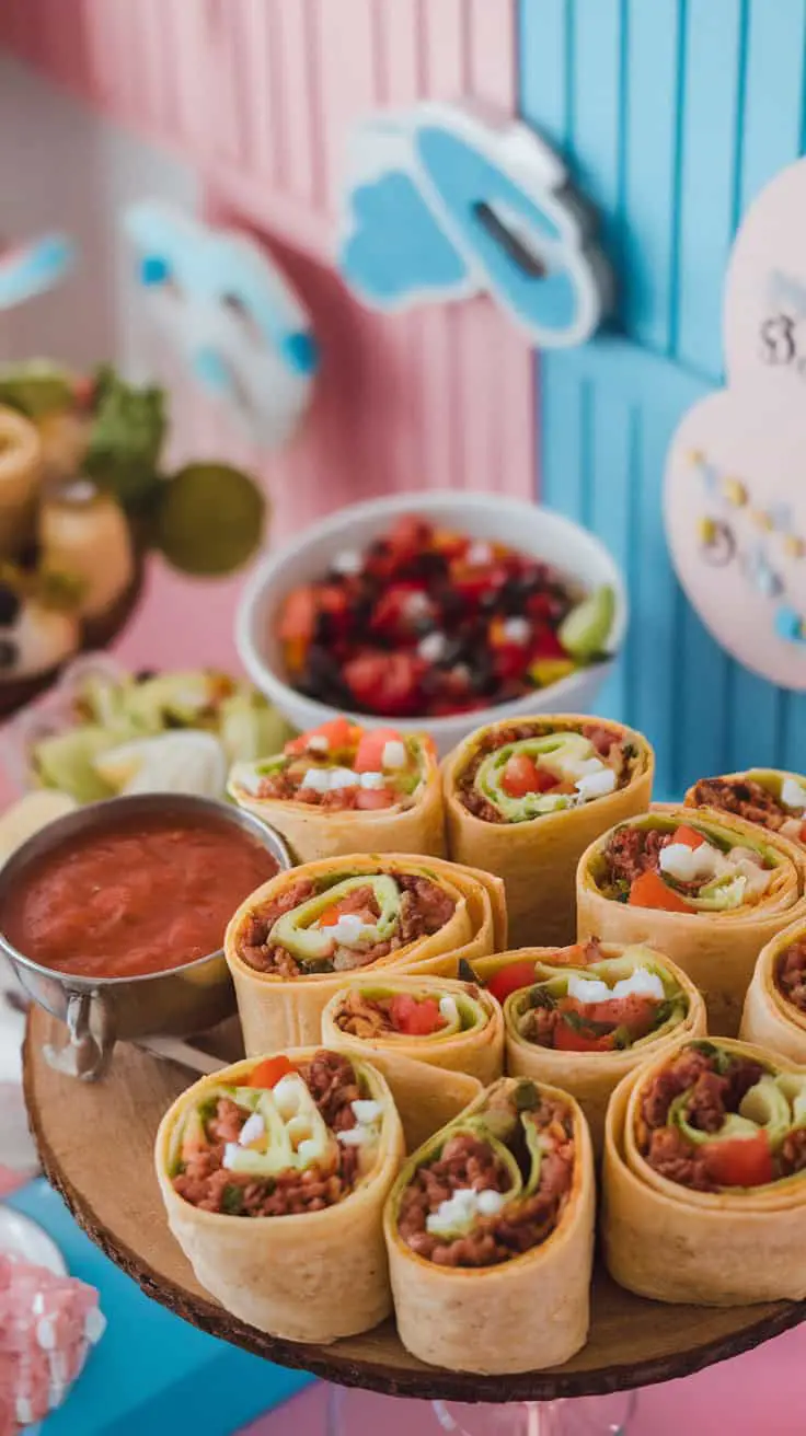 A platter of Mexican taco pinwheels with salsa dip and fresh ingredients.