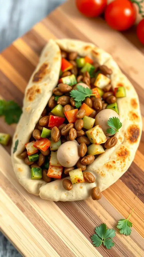 A Middle Eastern lentil and veggie pita pocket filled with lentils, diced vegetables, and fresh herbs on a wooden board with cherry tomatoes in the background.