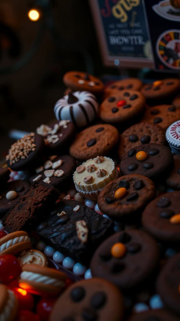 A beautifully arranged dessert board featuring various cookies and sweets.