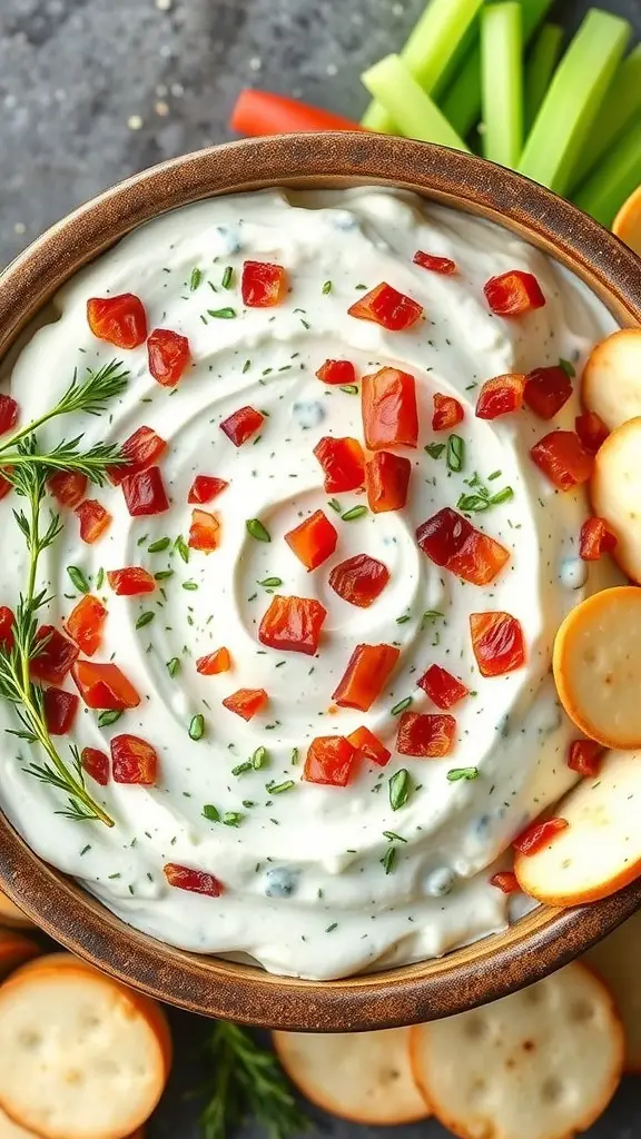 A creamy bacon ranch dip topped with diced tomatoes and herbs, served with crackers and fresh veggies.