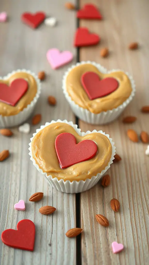 Heart-shaped almond butter cups with red heart decorations, surrounded by almonds and small heart-shaped candies on a wooden surface.