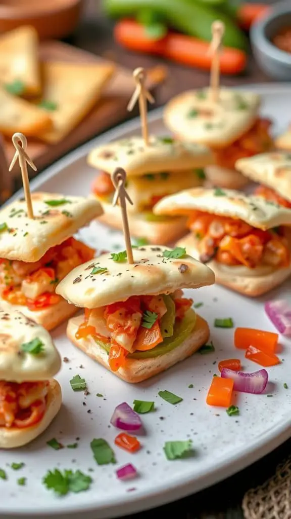 Mini sliders made with naan bread, filled with colorful vegetables, and garnished with fresh herbs.