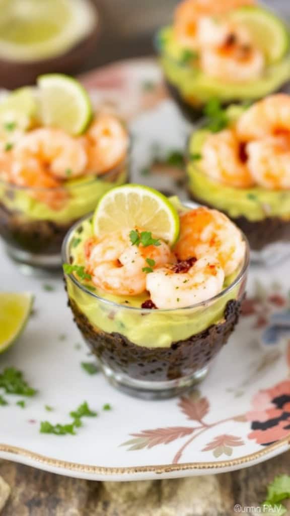 Mini avocado cups topped with shrimp and lime slices