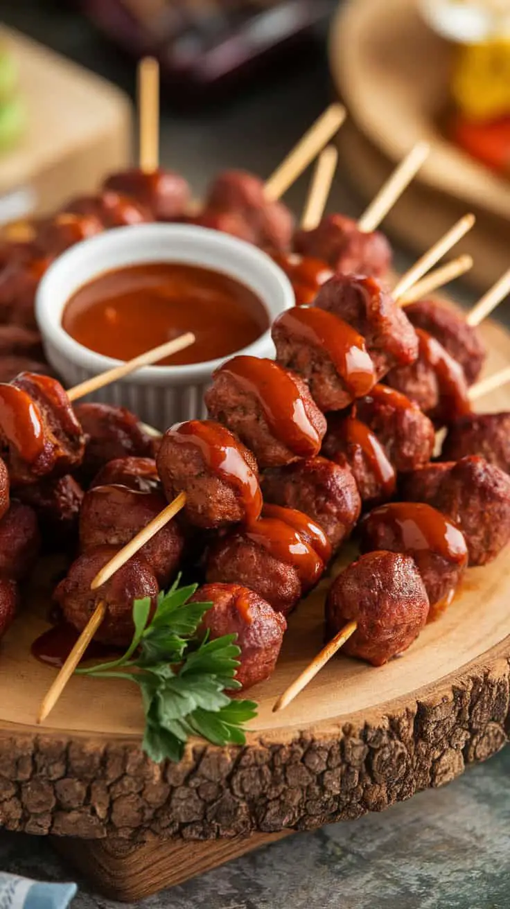 A plate of mini BBQ meatball skewers with a small bowl of barbecue sauce.