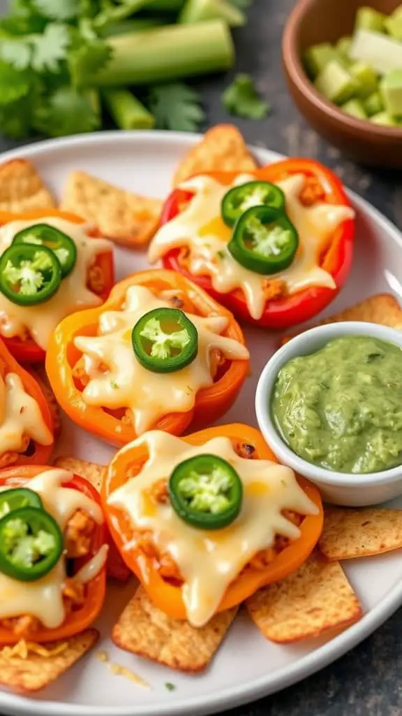 Mini bell pepper nachos on a plate with cheese, jalapeños, and guacamole