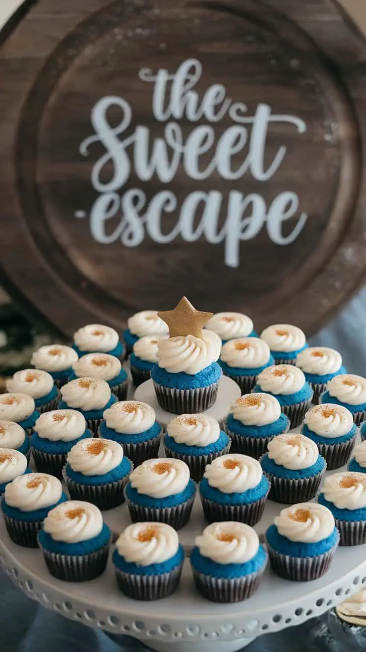 A platter of mini blue velvet cupcakes with cream cheese frosting, topped with a gold star.