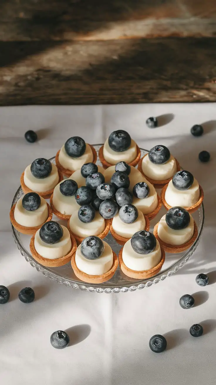 A plate of mini blueberry and brie tarts topped with fresh blueberries on a light tablecloth.