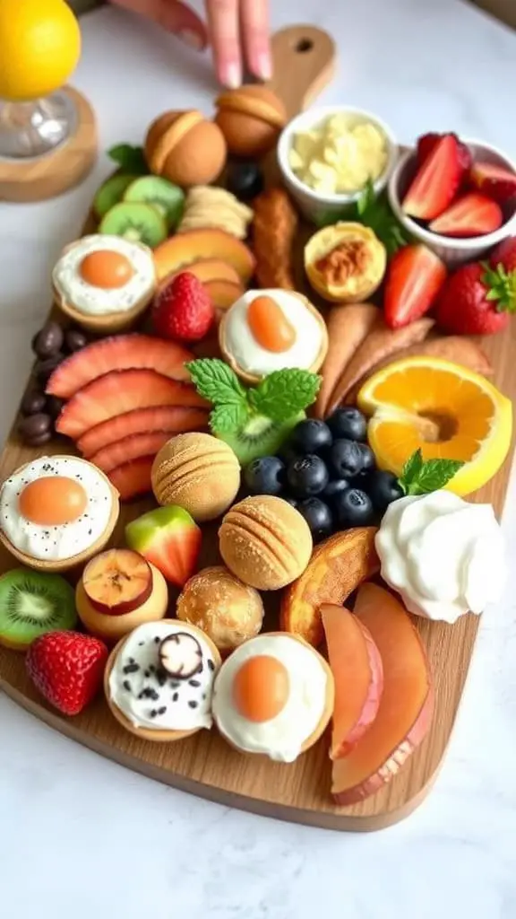 A beautifully arranged Mini Brunch Bites Board with a variety of fruits, pastries, and cheeses.