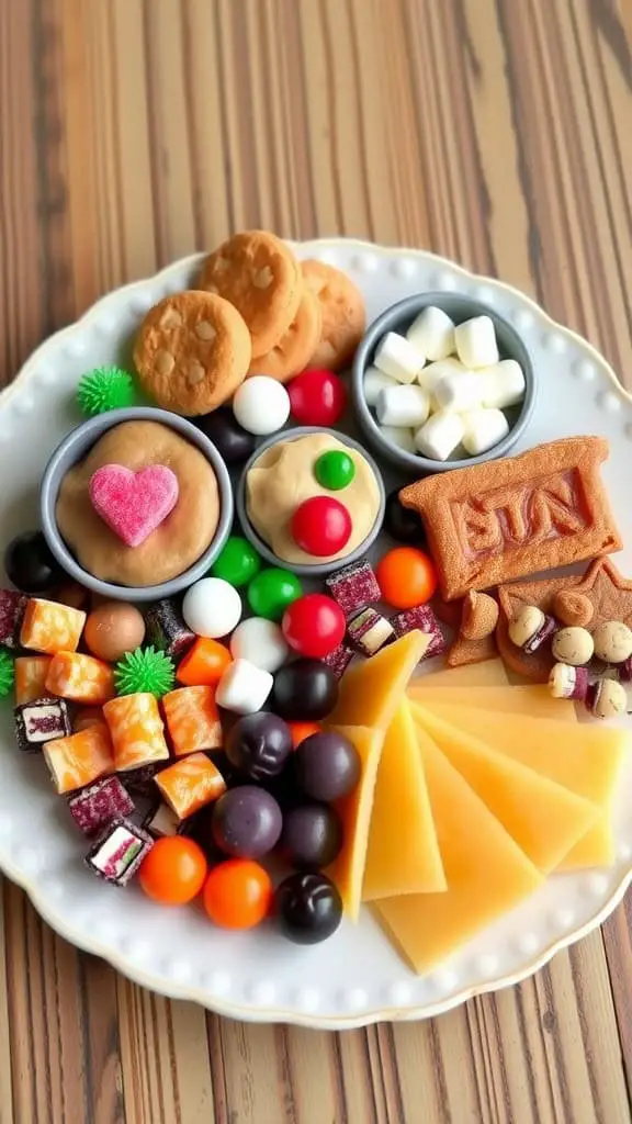 A Mini Candy Charcuterie Sampler filled with various candies, cookies, and chocolates arranged on a white plate.