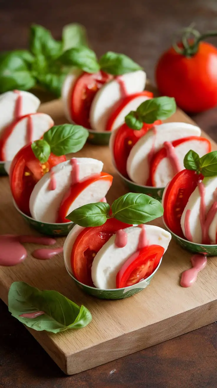 Mini Caprese Salad Cups with sliced mozzarella, tomatoes, and basil drizzled with pink balsamic reduction.