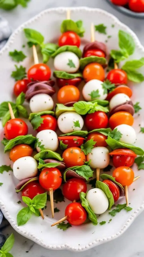 A platter of mini caprese skewers with cherry tomatoes, mozzarella balls, and fresh basil.