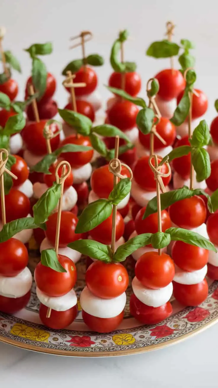 A platter of mini Caprese skewers with cherry tomatoes, mozzarella, and basil.