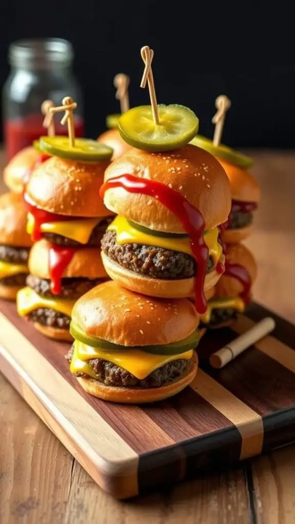 A platter of mini cheeseburger sliders with toppings like cheese, pickles, and ketchup, arranged on a wooden board.