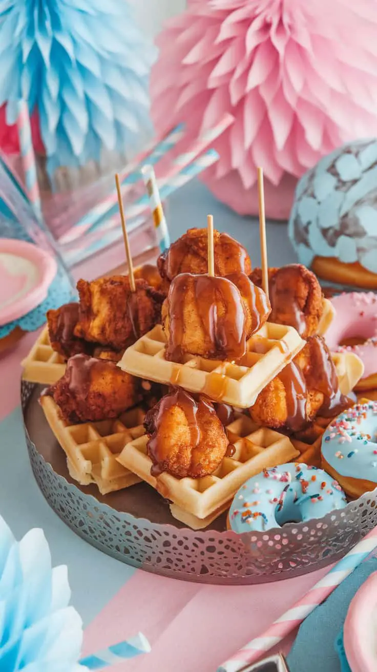 A plate of mini chicken and waffle bites topped with sauce, surrounded by colorful decorations.