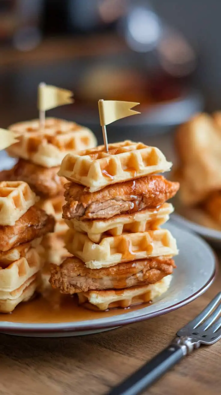 Mini chicken and waffle sliders stacked with syrup and flags