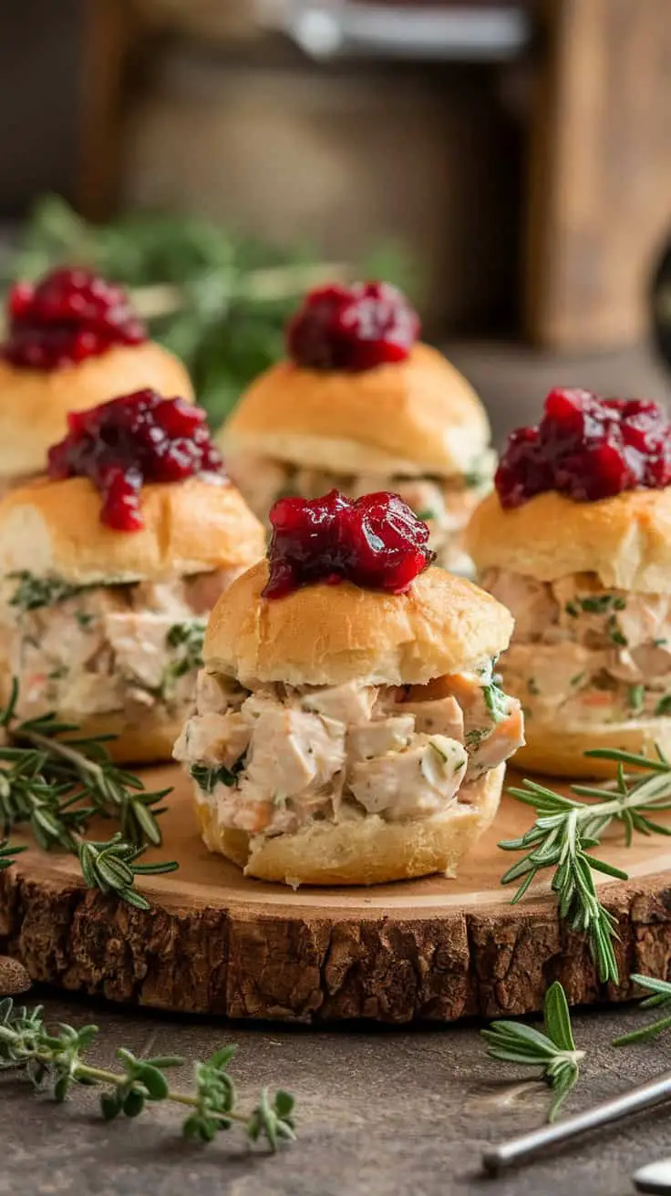 Mini chicken salad sliders topped with cranberry sauce on a wooden board