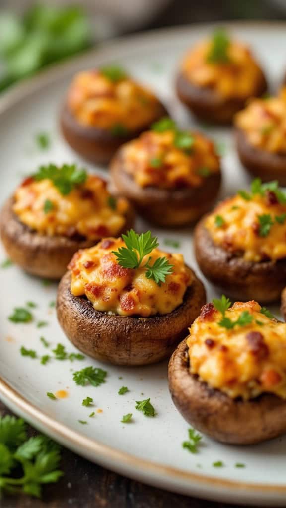 Plate of mini chorizo and cheese stuffed mushrooms garnished with parsley, perfect for a baby shower.