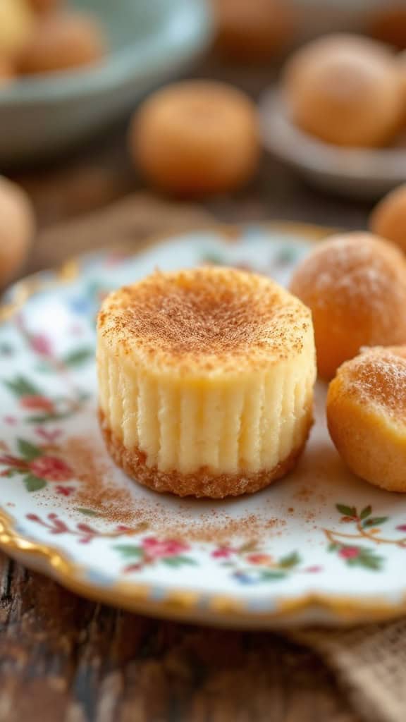 Mini churro cheesecake bites on a floral plate with cinnamon sprinkled on top