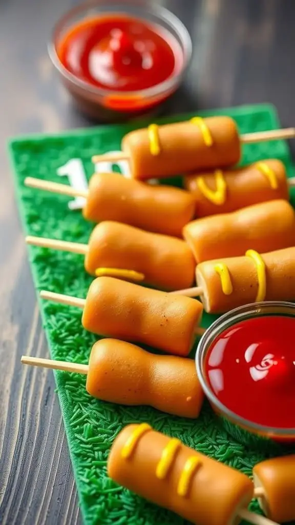 A platter of mini corn dogs with ketchup on a football-themed serving board.