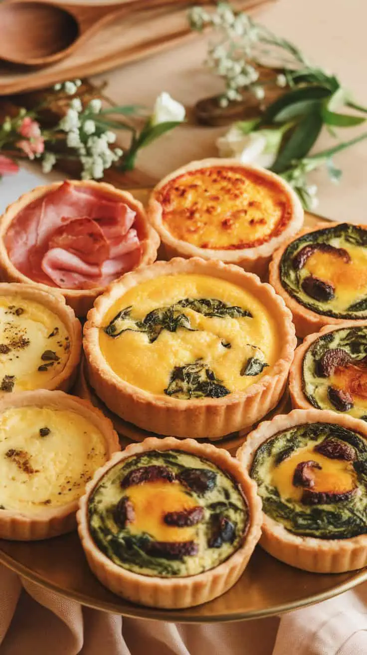 A platter of mini egg quiches filled with various ingredients, including ham, spinach, and cheese.