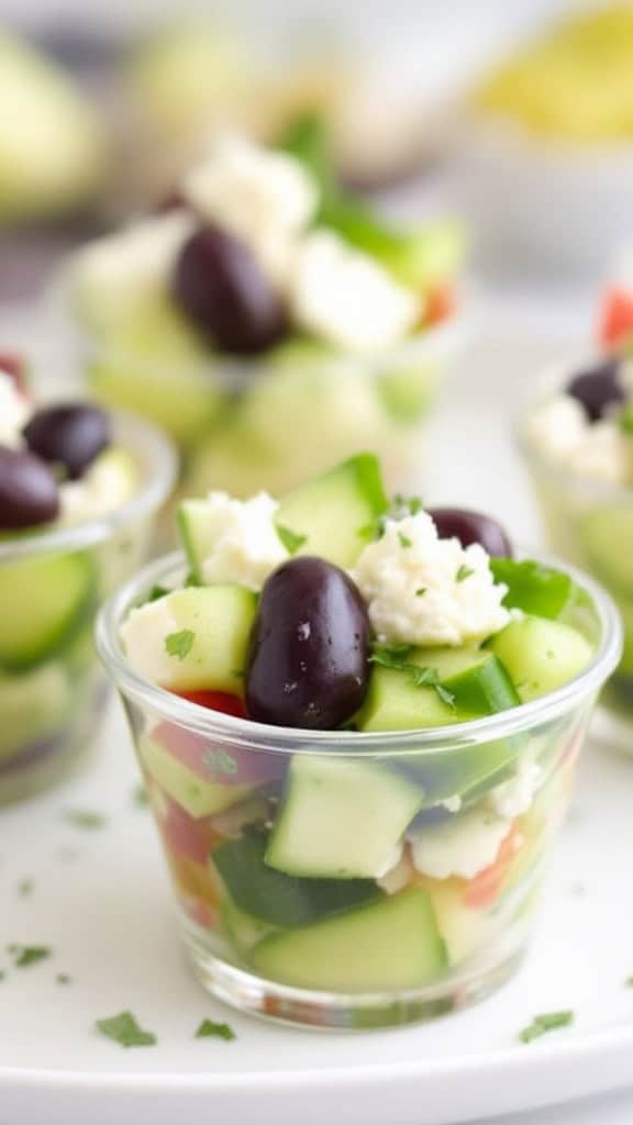 Mini Greek salad cups with cucumbers, tomatoes, olives, and feta cheese in clear cups.