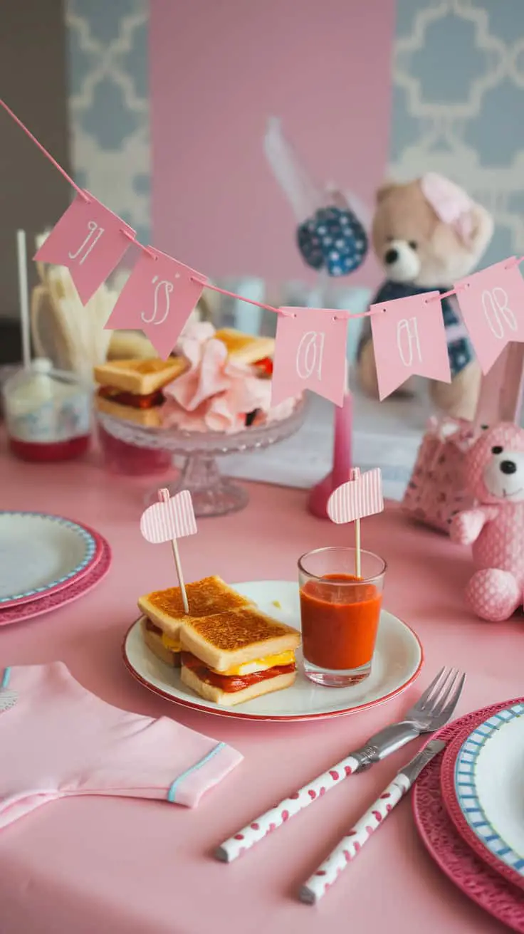 A plate with mini grilled cheese sandwiches and a glass of tomato soup on a pink table, decorated for a party.