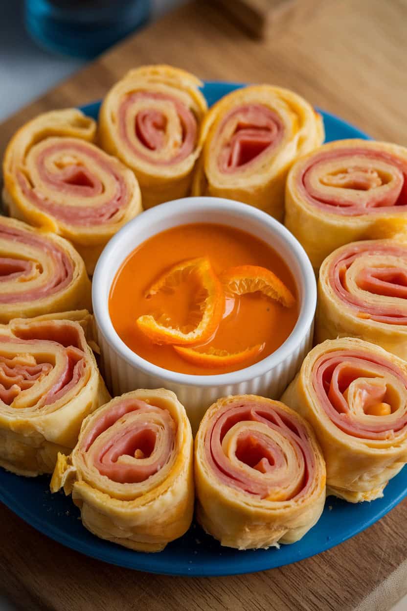 Mini ham and cheese puff pastry pinwheels arranged on a blue plate with a bowl of orange dipping sauce.