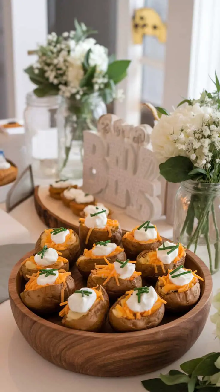 A wooden bowl filled with mini loaded baked potatoes topped with sour cream, shredded carrots, and chives.