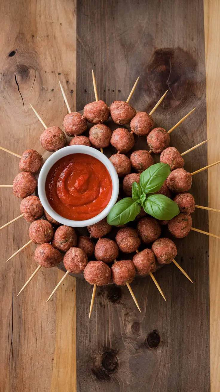 A circular arrangement of mini meatball skewers around a bowl of marinara sauce, garnished with basil leaves.