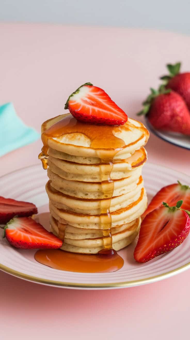 A stack of mini pancakes topped with a fresh strawberry and syrup, surrounded by sliced strawberries on a pink plate.