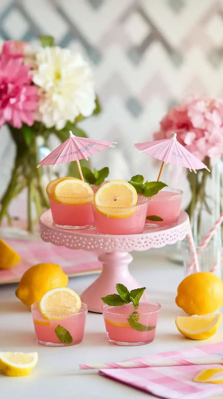 Colorful mini pink lemonade jello cups garnished with lemon slices and mint leaves, displayed on a pink stand with fresh lemons and flowers around.