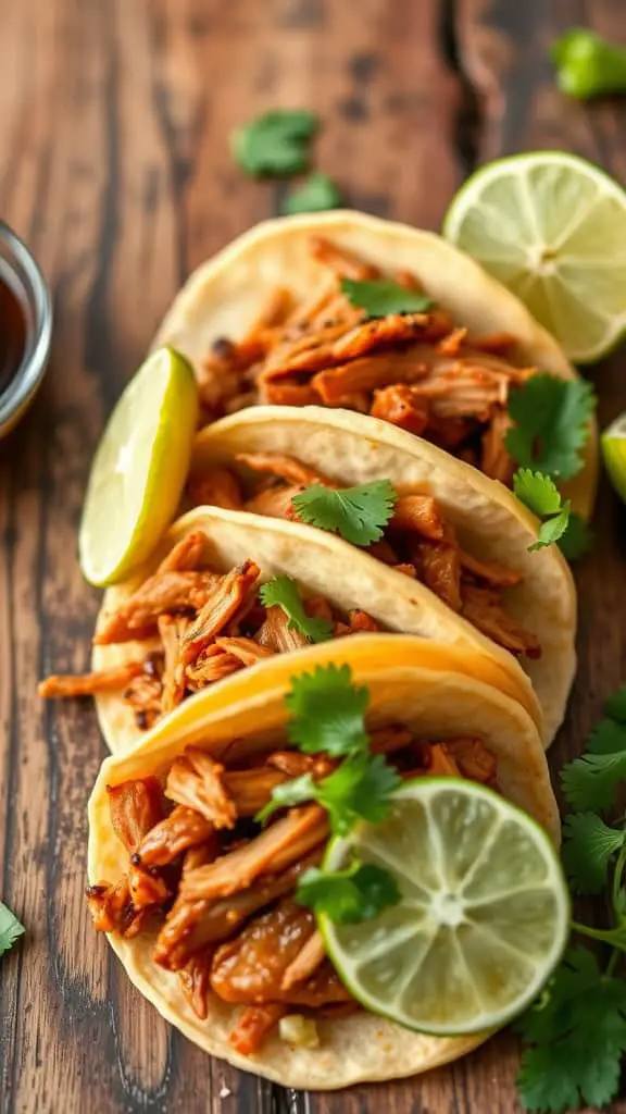 Mini pulled pork tacos with lime and cilantro on a wooden table.